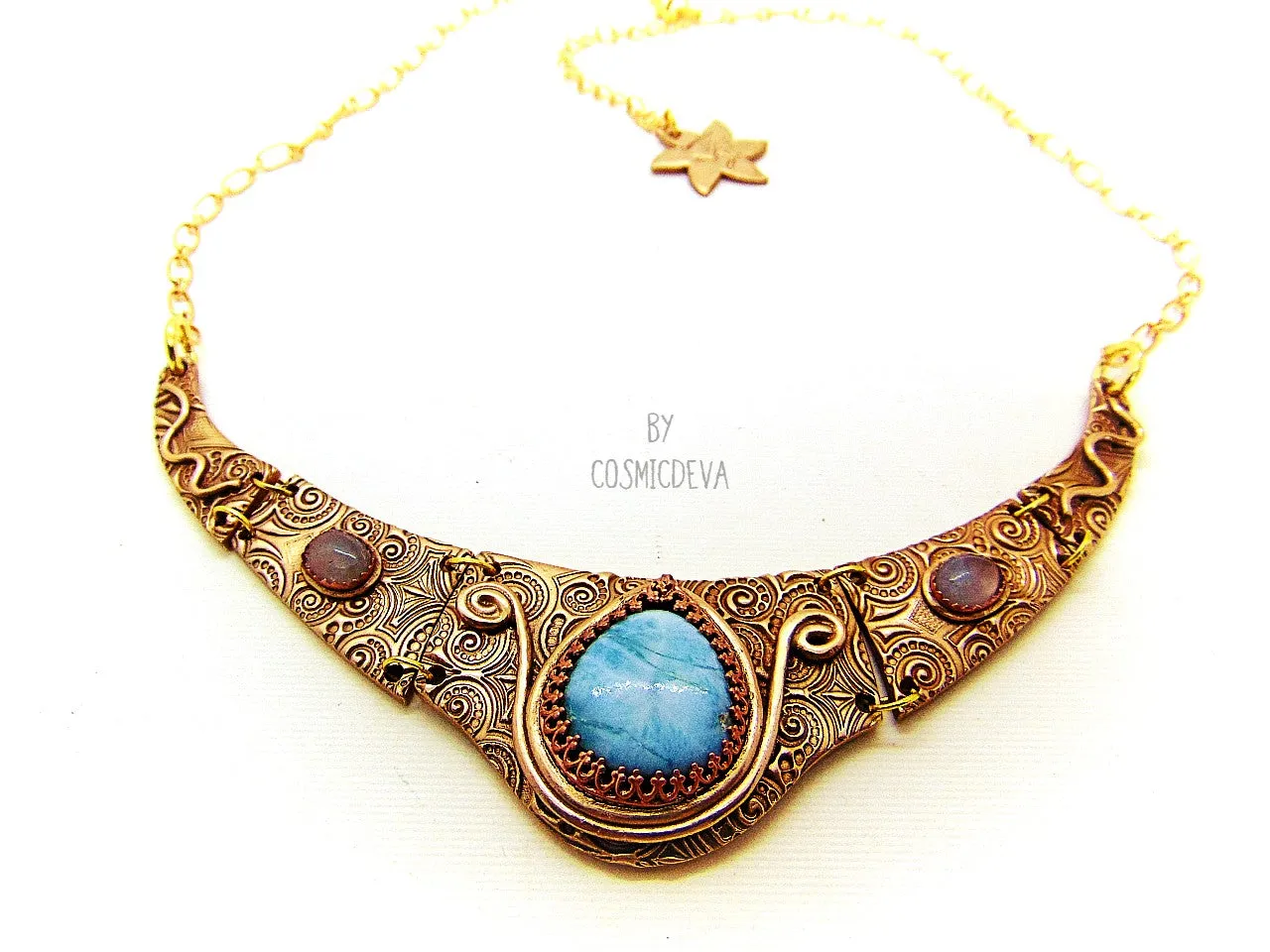 1165# Ancient Style Choker Collar With Larimar Gold Bronze Necklace