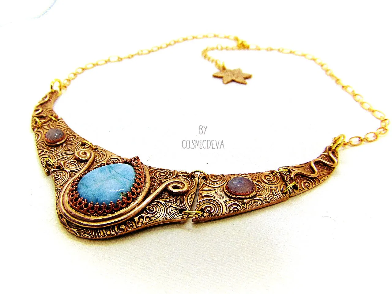 1165# Ancient Style Choker Collar With Larimar Gold Bronze Necklace