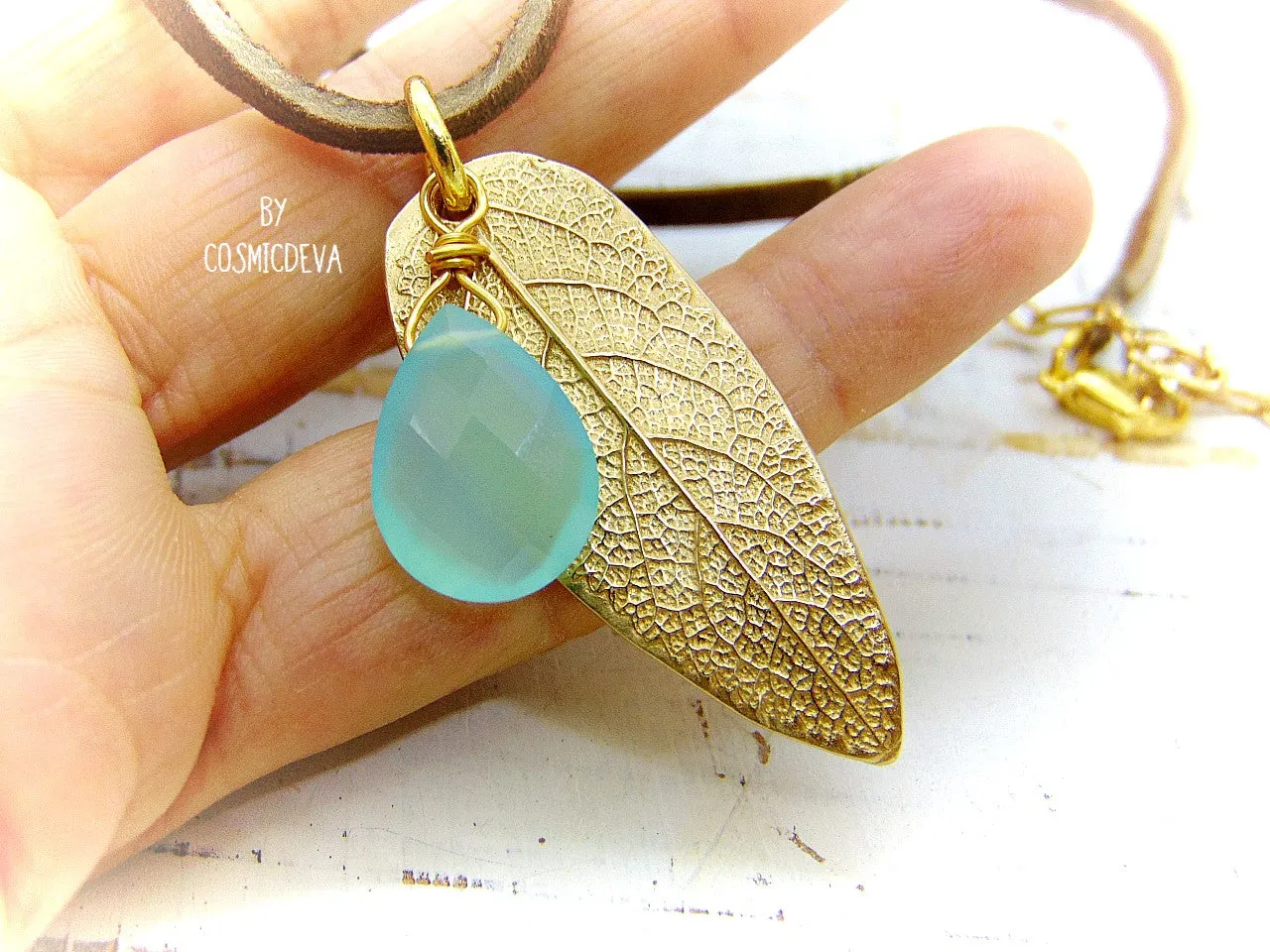 1174 Sage Leaf Gold Bronze Necklace With Aqua Blue Chalcedony Gemstone