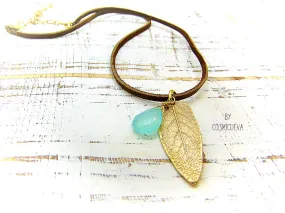 1174 Sage Leaf Gold Bronze Necklace With Aqua Blue Chalcedony Gemstone