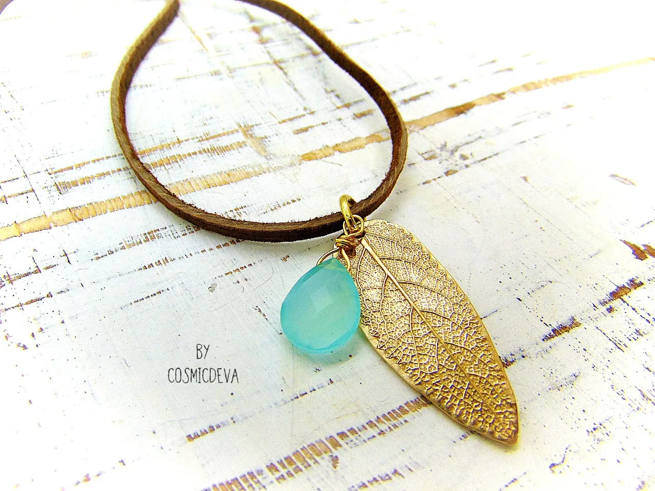 1174 Sage Leaf Gold Bronze Necklace With Aqua Blue Chalcedony Gemstone