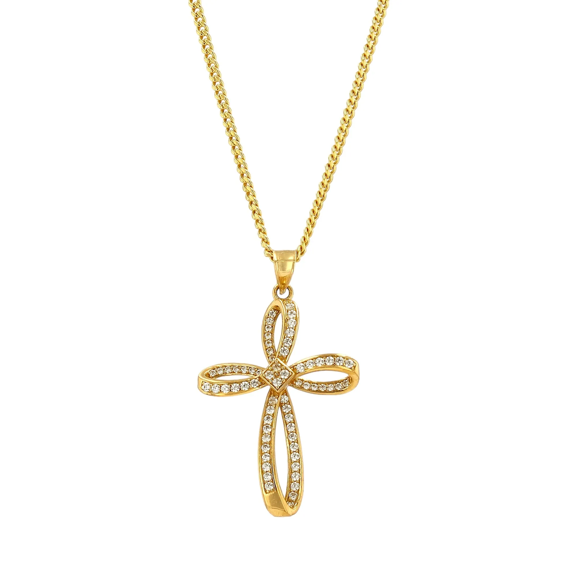 14K Yellow gold miami cuban link chain cross pendant-226969