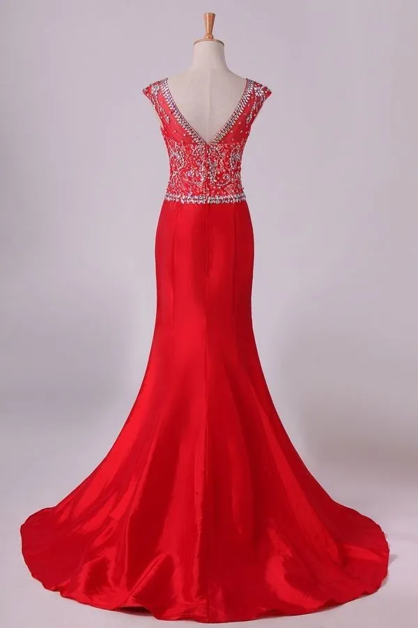 2024 Red Bateau Lace&Taffeta Prom Dresses Mermaid PZNBSPNE