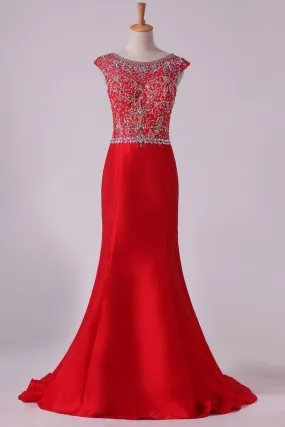 2024 Red Bateau Lace&Taffeta Prom Dresses Mermaid PZNBSPNE