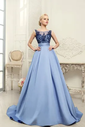 2024 Scoop Blue A-Line Appliques Satin Backless Sleeveless Quinceanera Dress Prom Dresses