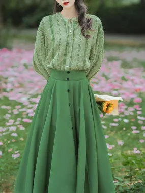 2PS 1950S Light Green Embroidered Long Sleeve Shirt And Dark Green Swing Skirt Suit