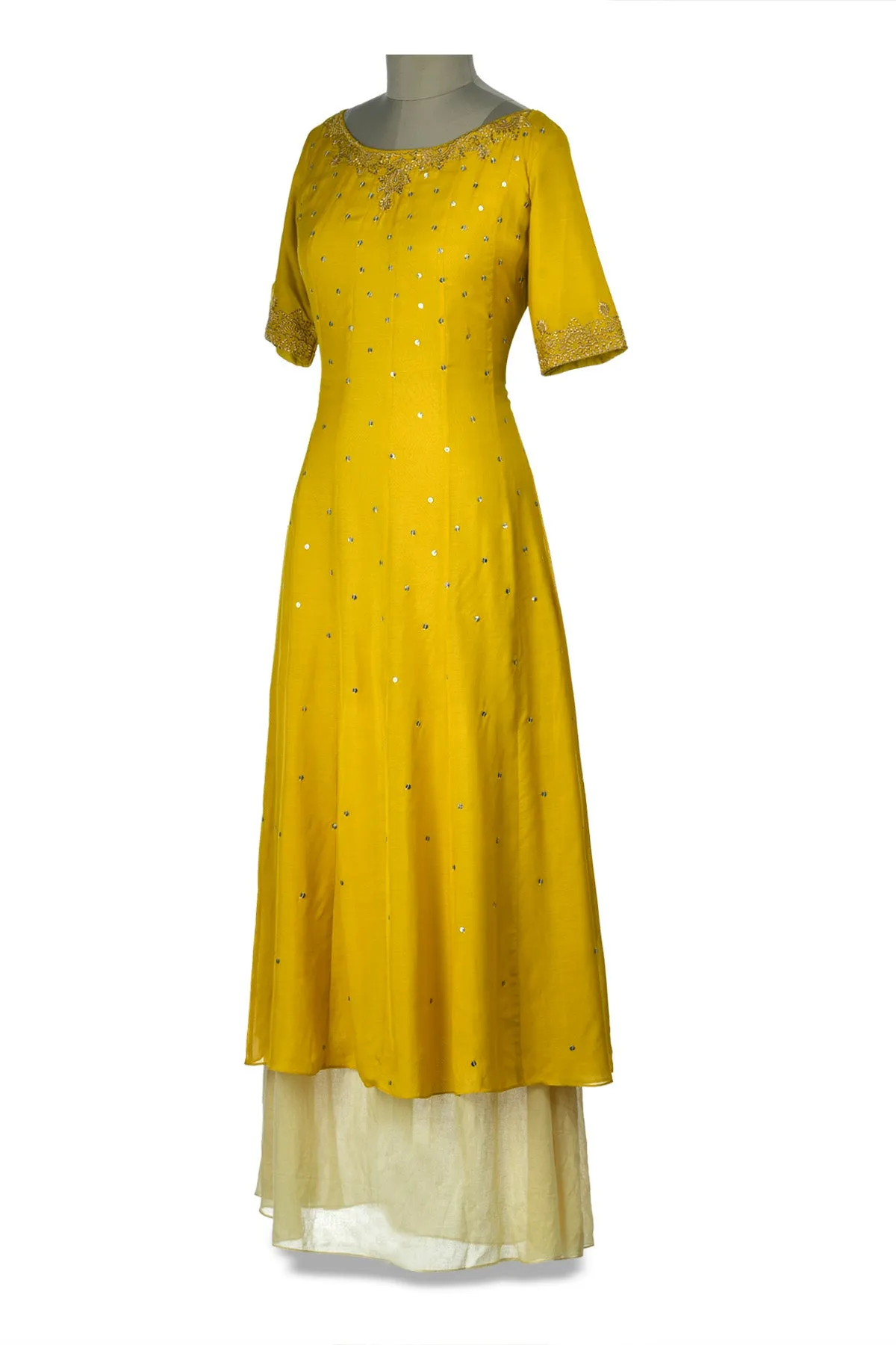 50Z167-RO Yellow and Cream Embroidered Layered Maxi Dress