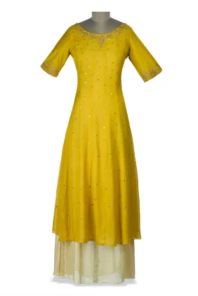 50Z167-RO Yellow and Cream Embroidered Layered Maxi Dress