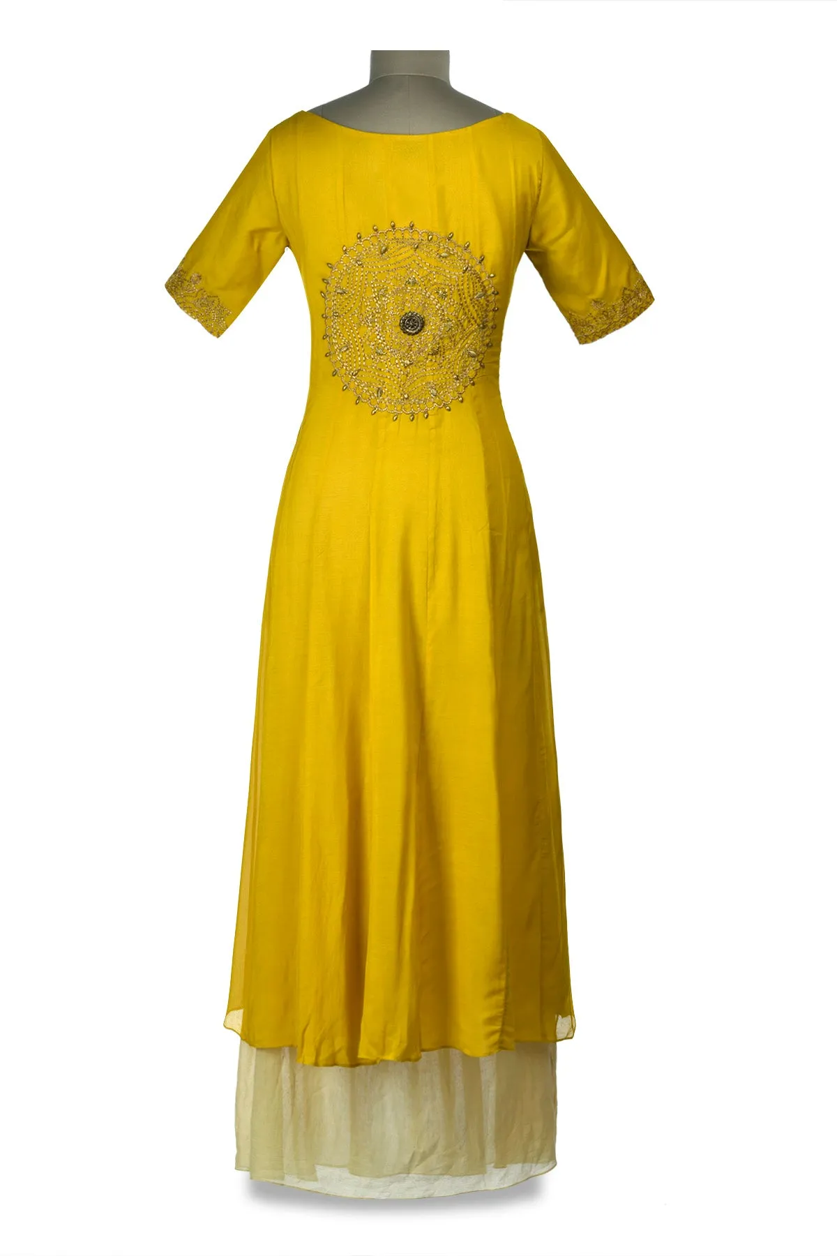 50Z167-RO Yellow and Cream Embroidered Layered Maxi Dress