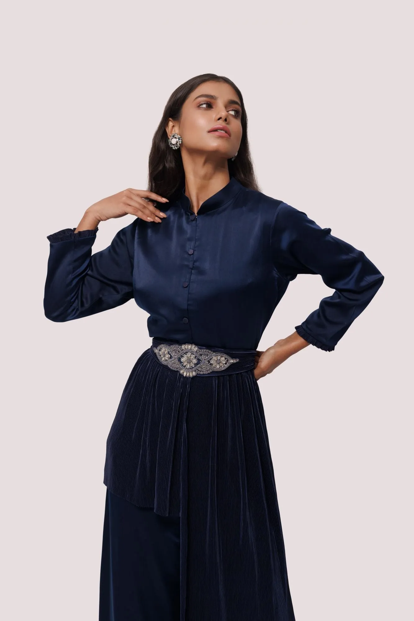 50Z971-RO Navy Silk Indowestern Dress With Embroidered Belt