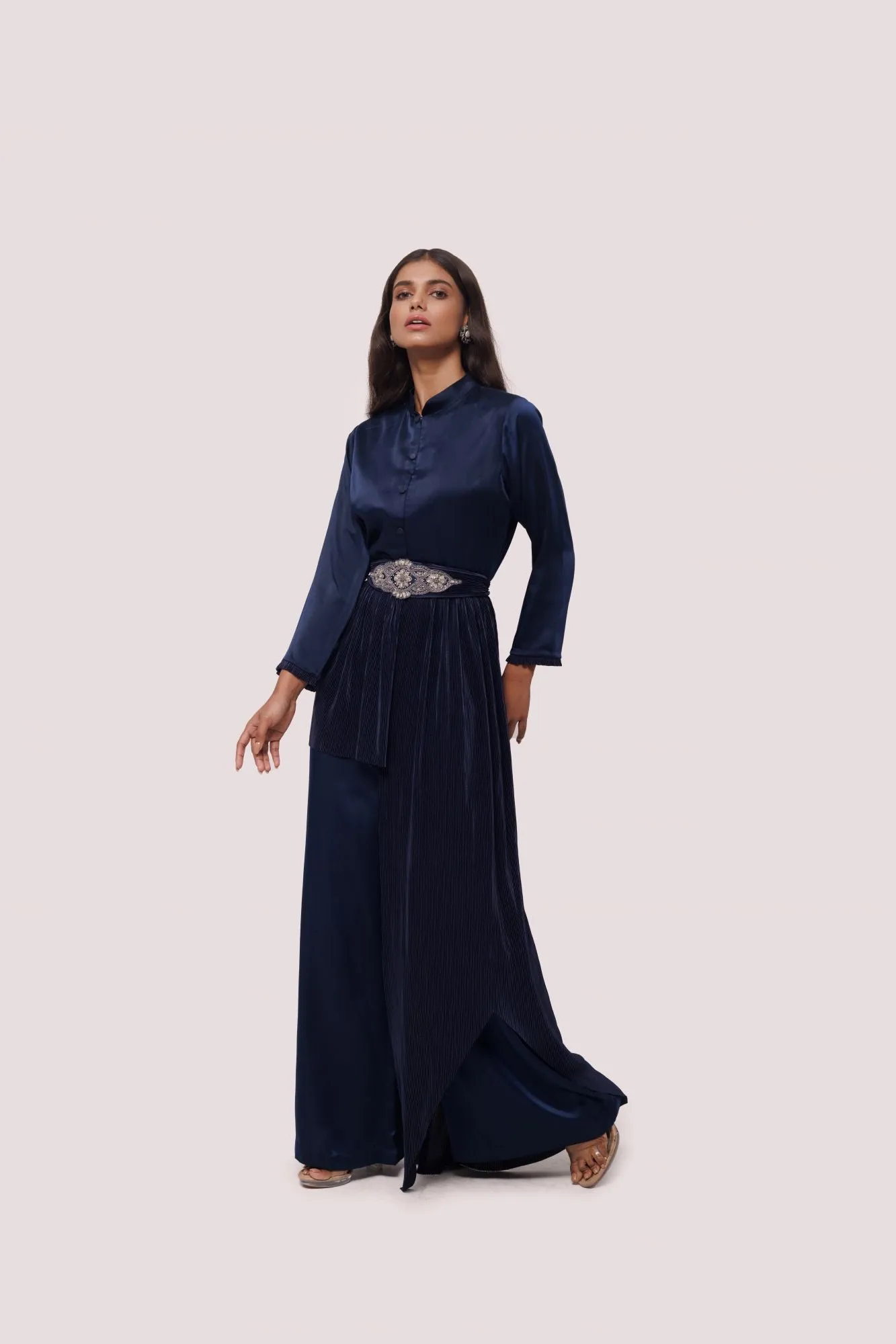 50Z971-RO Navy Silk Indowestern Dress With Embroidered Belt