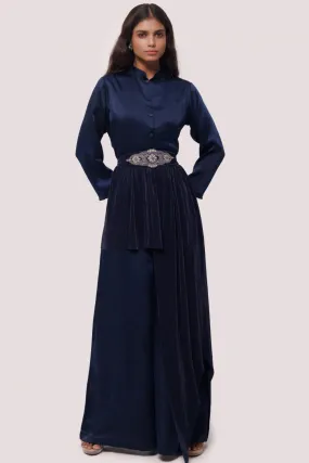 50Z971-RO Navy Silk Indowestern Dress With Embroidered Belt