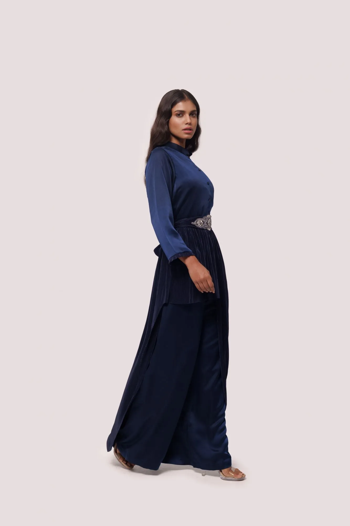 50Z971-RO Navy Silk Indowestern Dress With Embroidered Belt