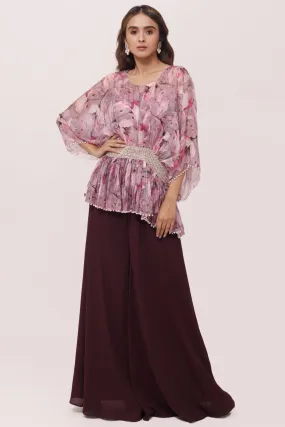 50Z973-RO Wine and Pink Printed Top with Palazzo