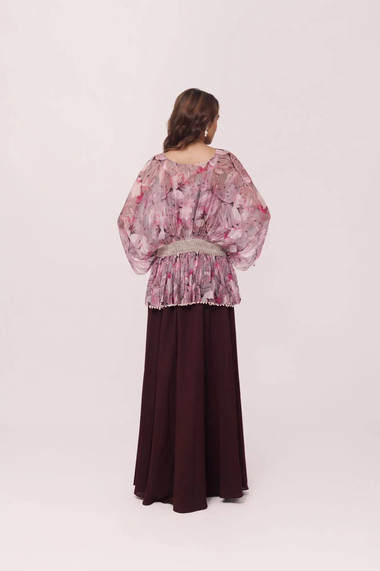 50Z973-RO Wine and Pink Printed Top with Palazzo