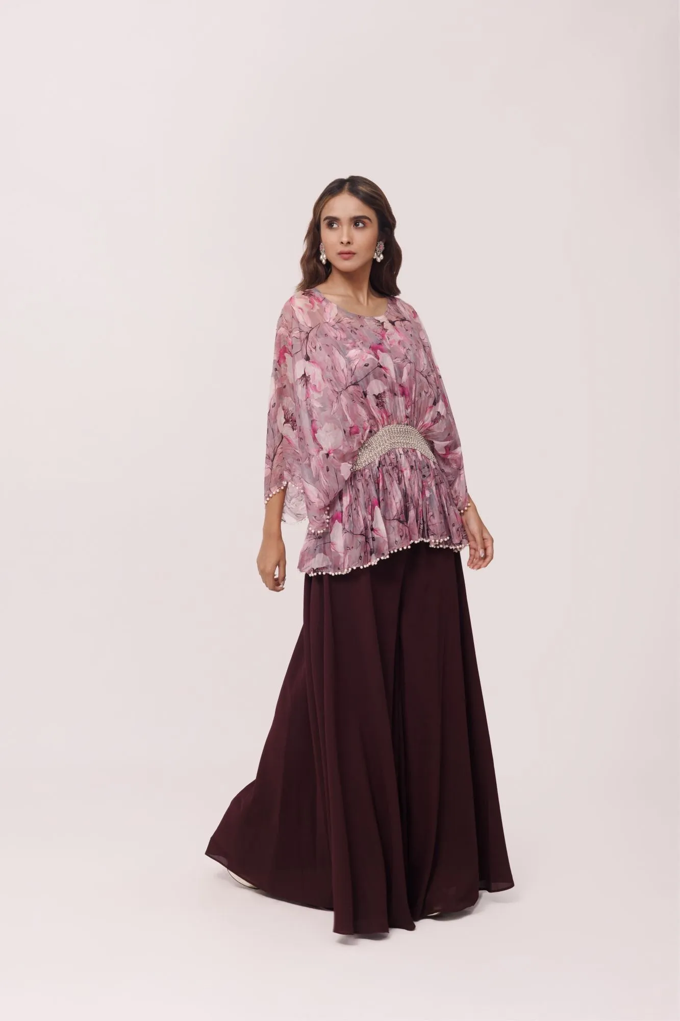 50Z973-RO Wine and Pink Printed Top with Palazzo