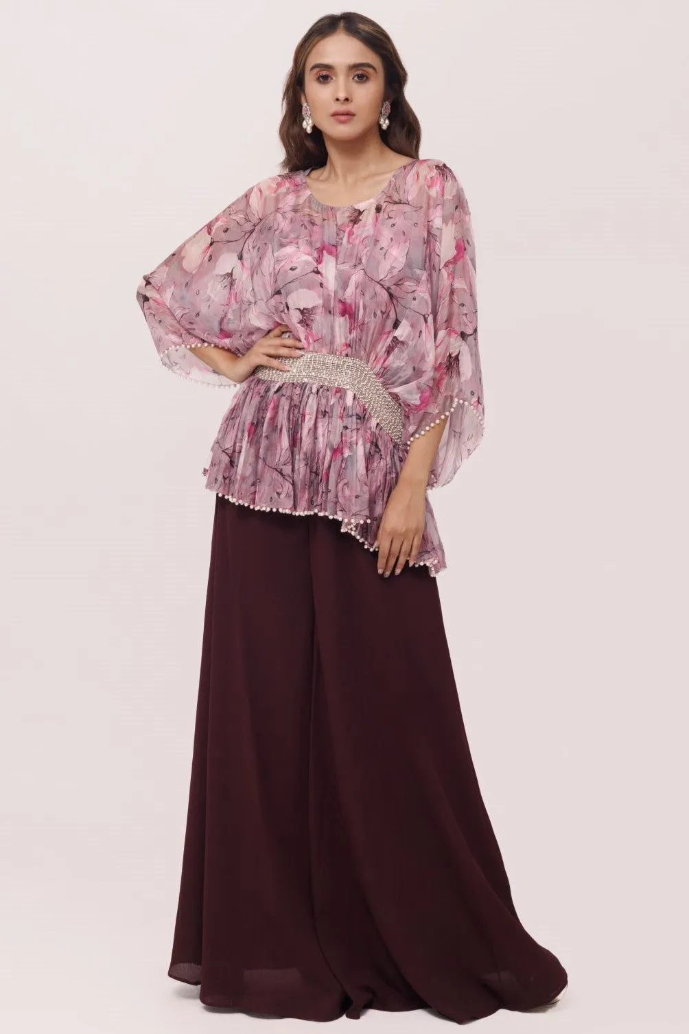 50Z973-RO Wine and Pink Printed Top with Palazzo