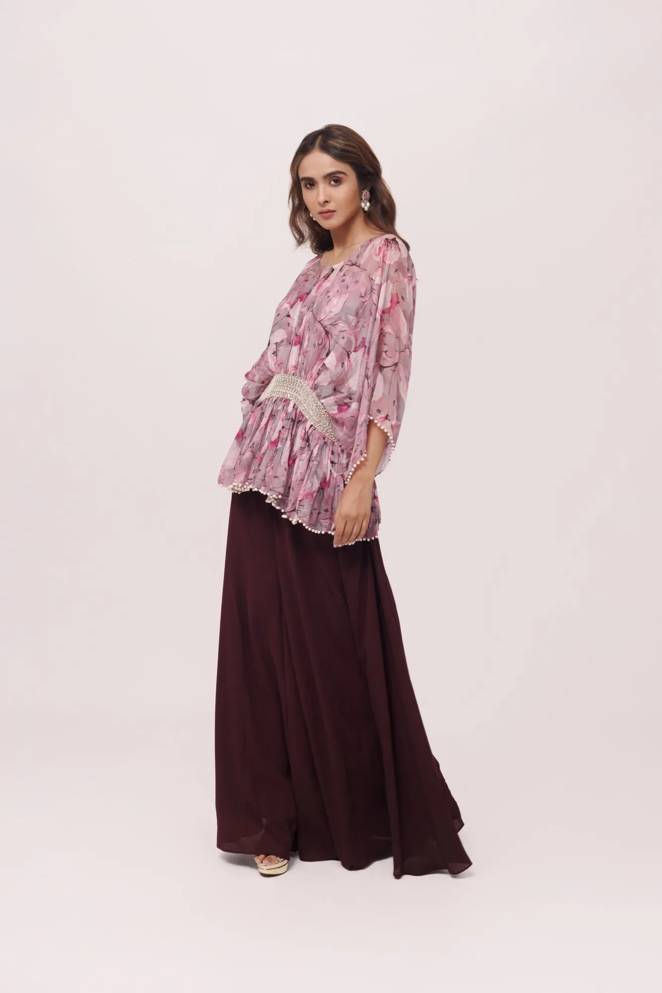 50Z973-RO Wine and Pink Printed Top with Palazzo