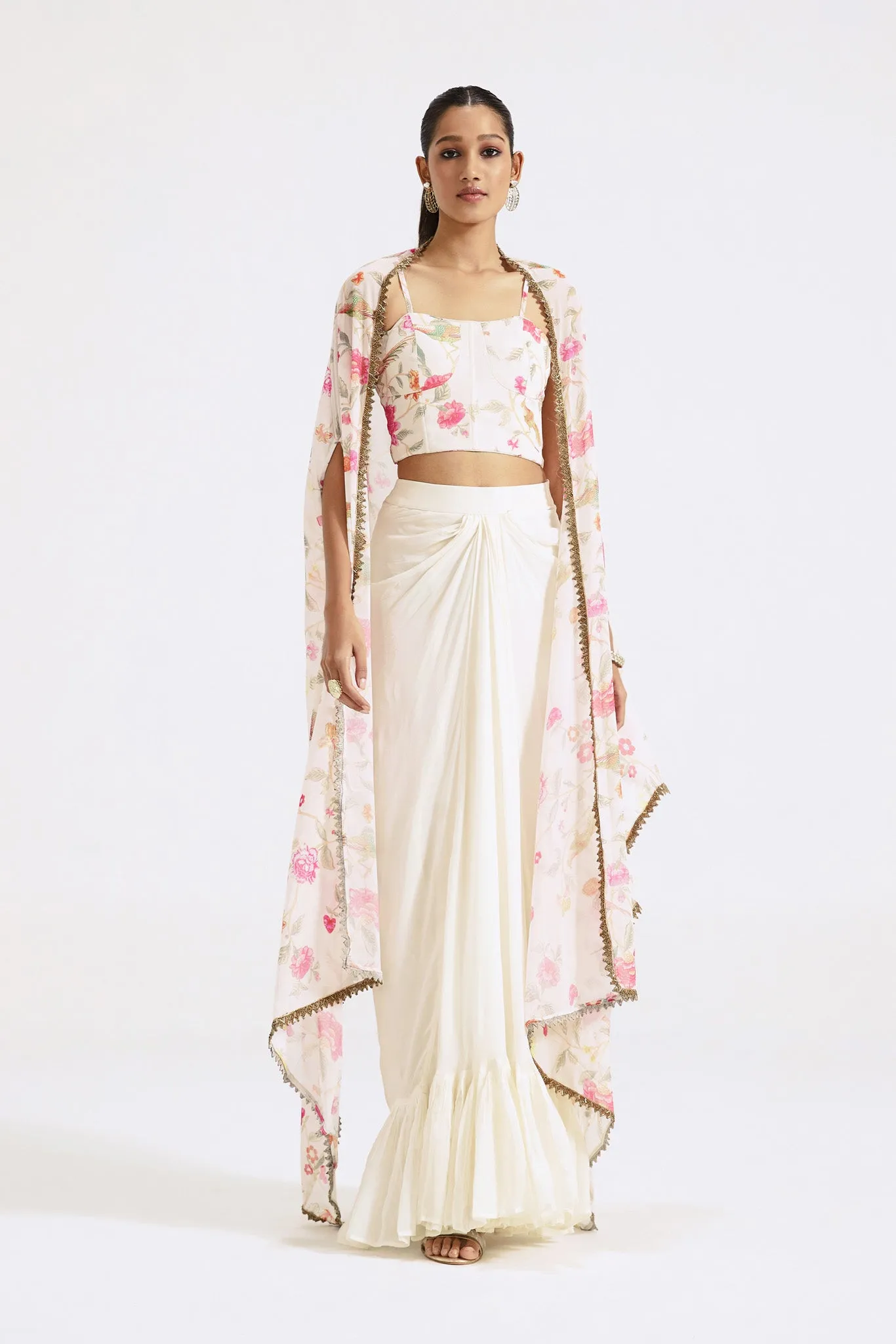 51Z036-RO Ivory Crepe Georgette Draped Skirt Set with Cape