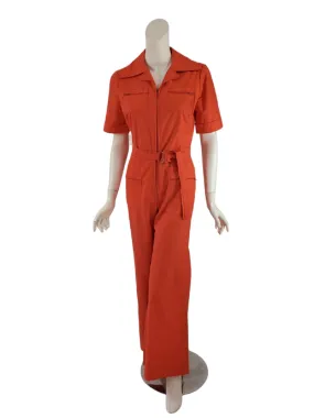 60s Orange-Red Twill Wide-Leg Jumpsuit - sm, med