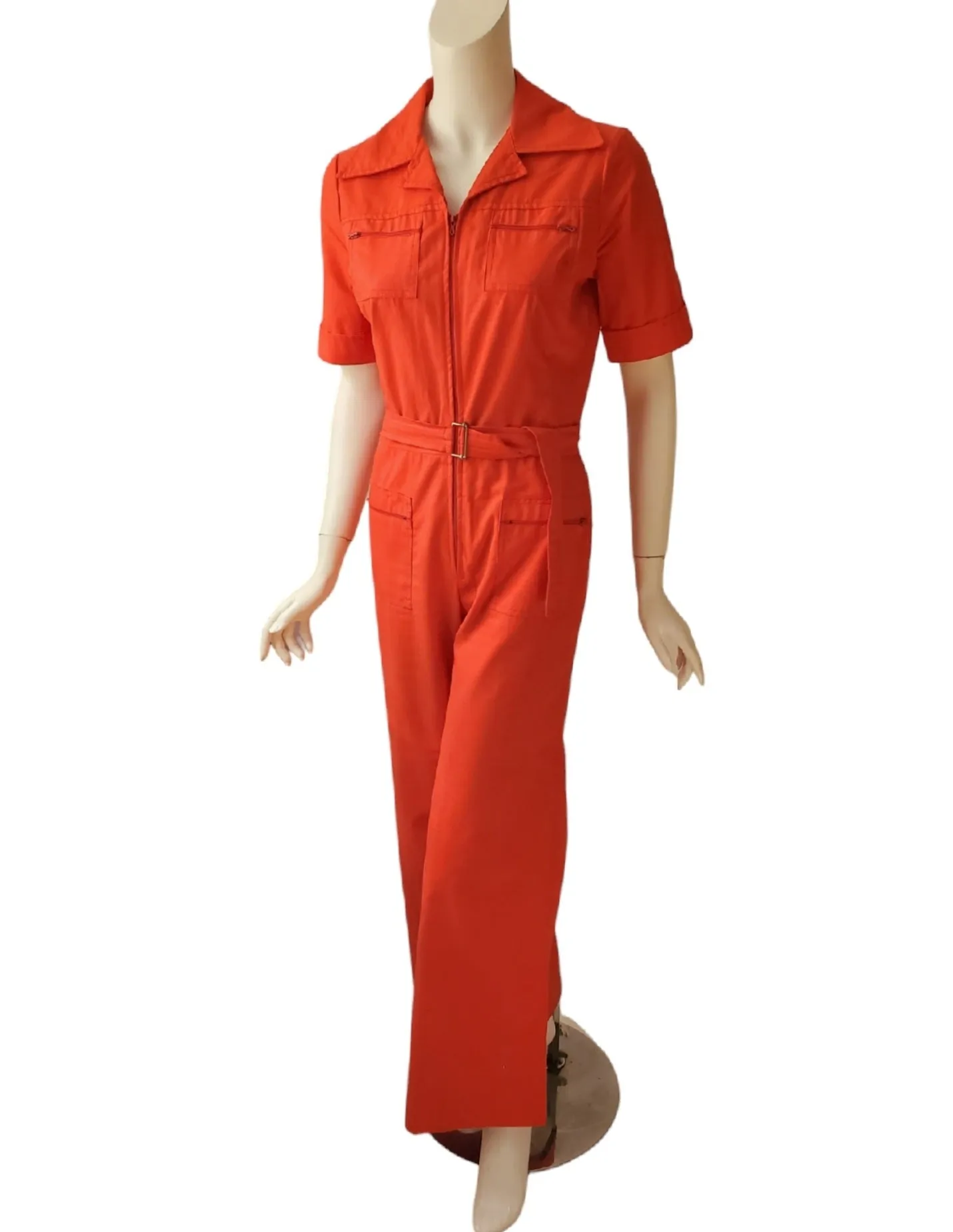 60s Orange-Red Twill Wide-Leg Jumpsuit - sm, med