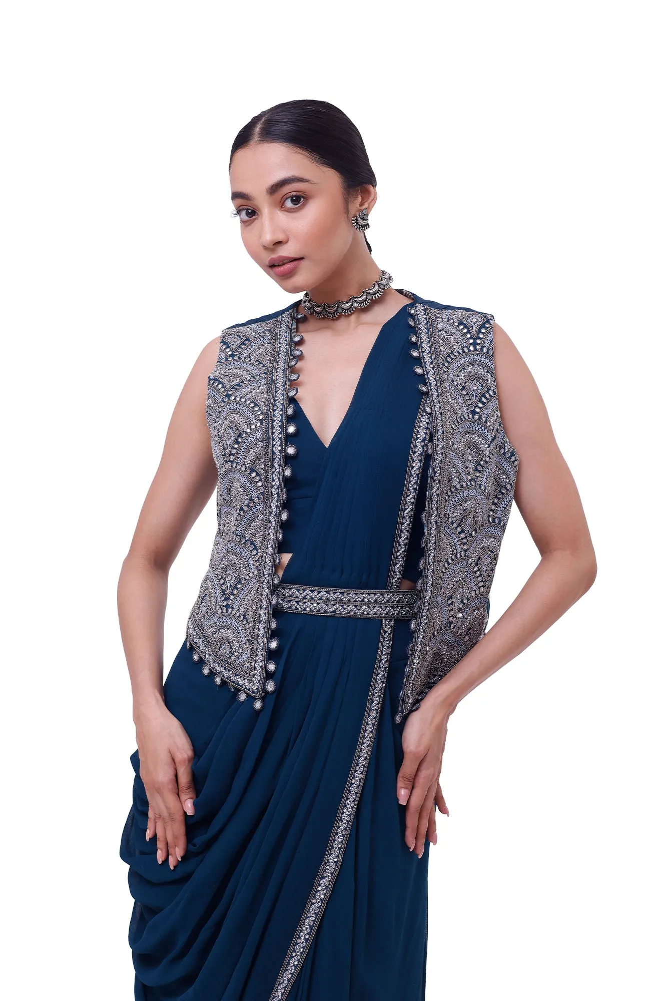 90Y003-RO Navy Blue Embroidered Georgette Saree with Jacket