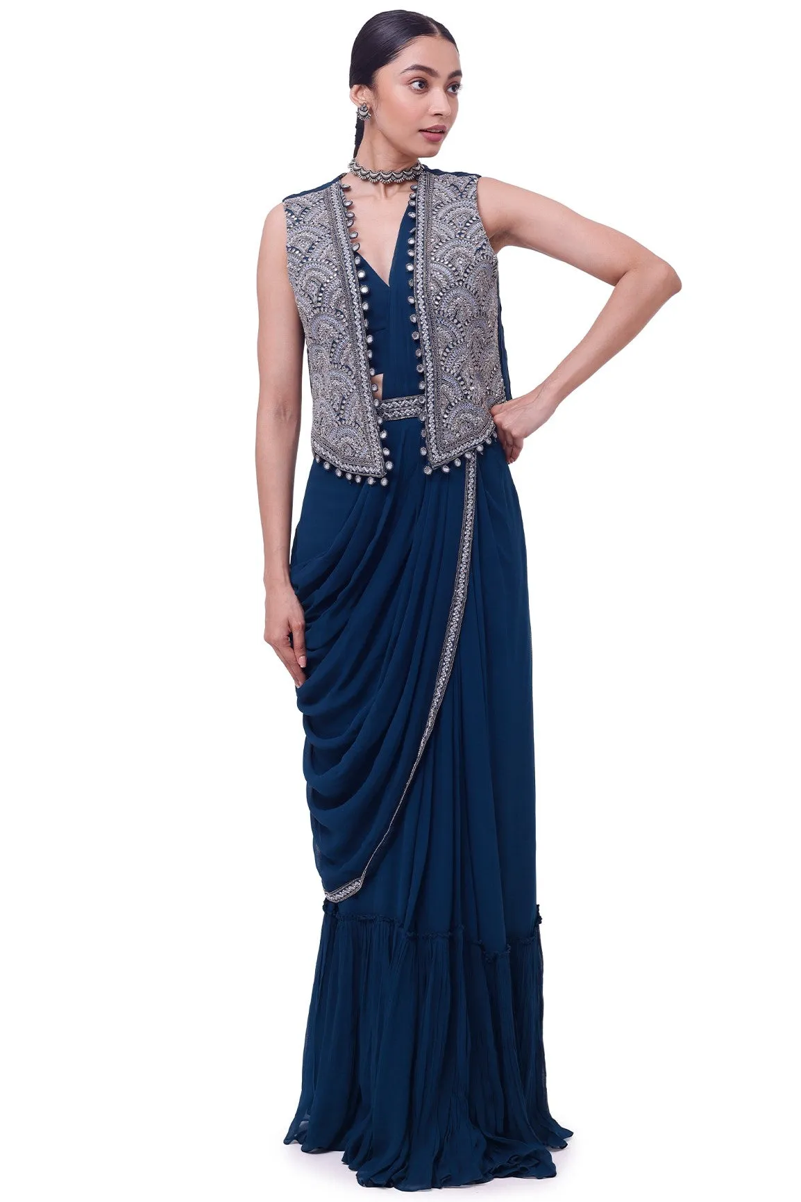 90Y003-RO Navy Blue Embroidered Georgette Saree with Jacket