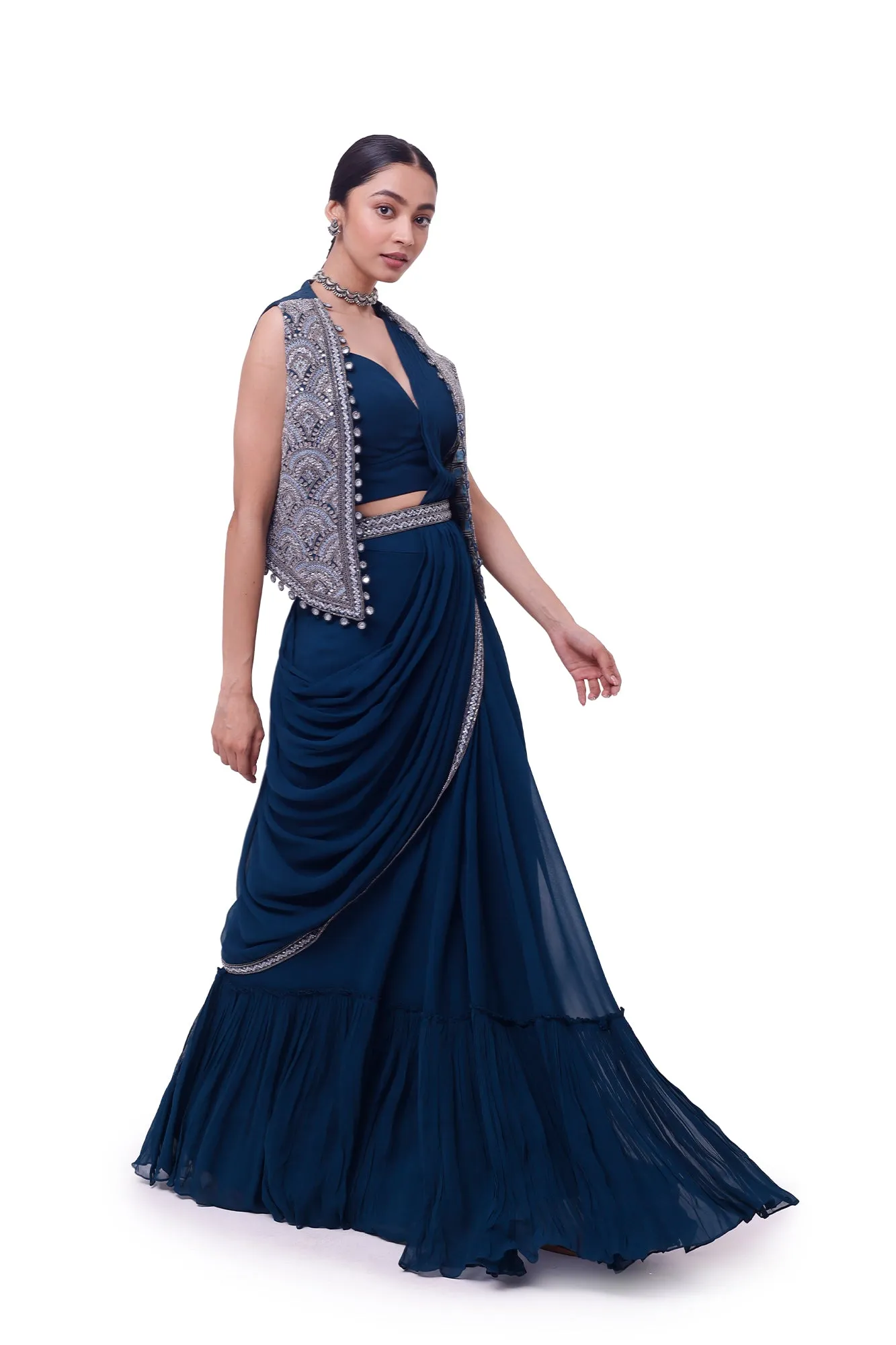 90Y003-RO Navy Blue Embroidered Georgette Saree with Jacket