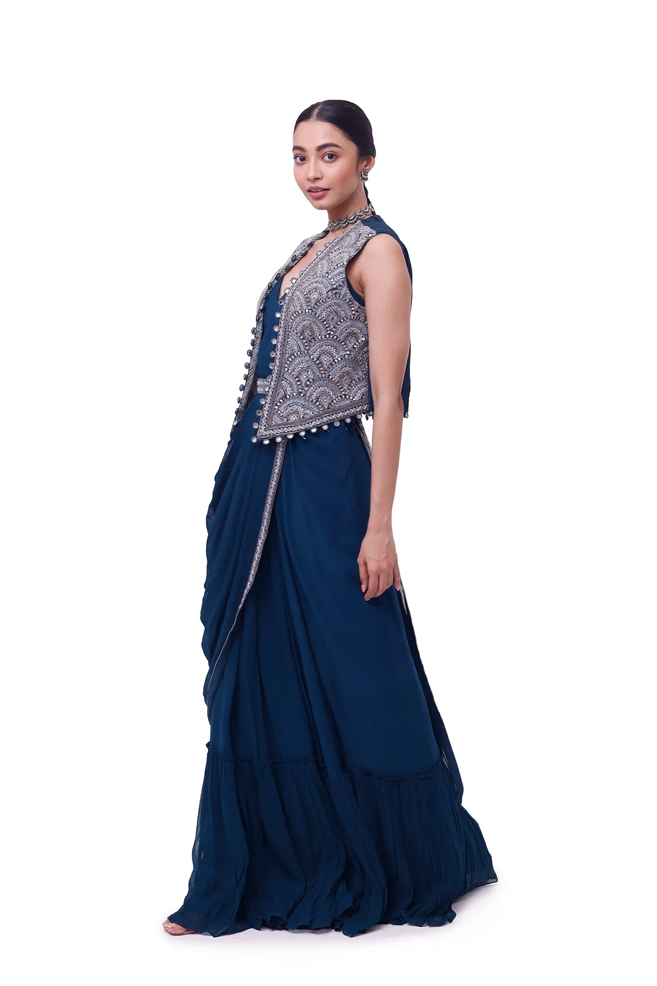 90Y003-RO Navy Blue Embroidered Georgette Saree with Jacket