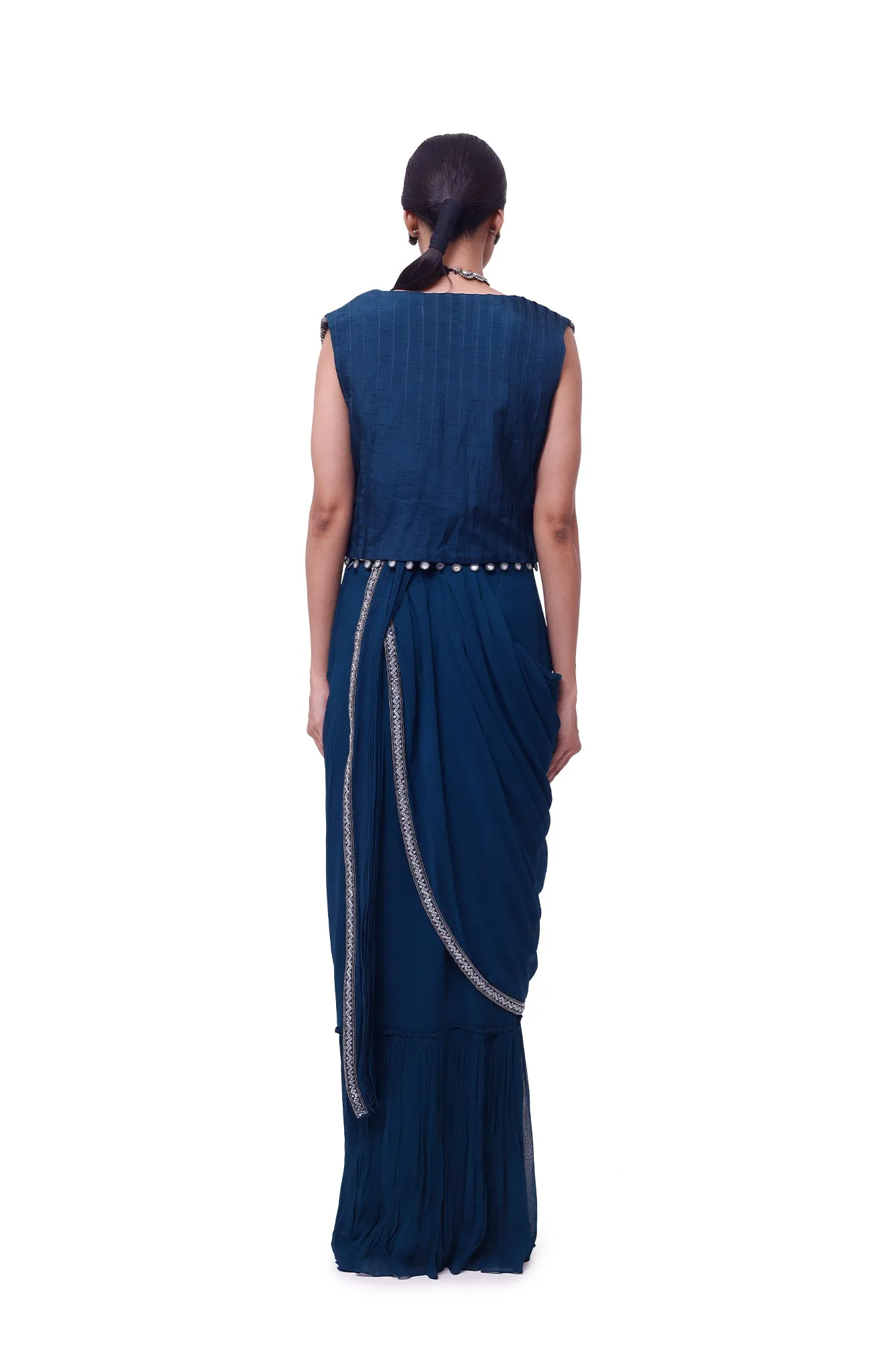 90Y003-RO Navy Blue Embroidered Georgette Saree with Jacket