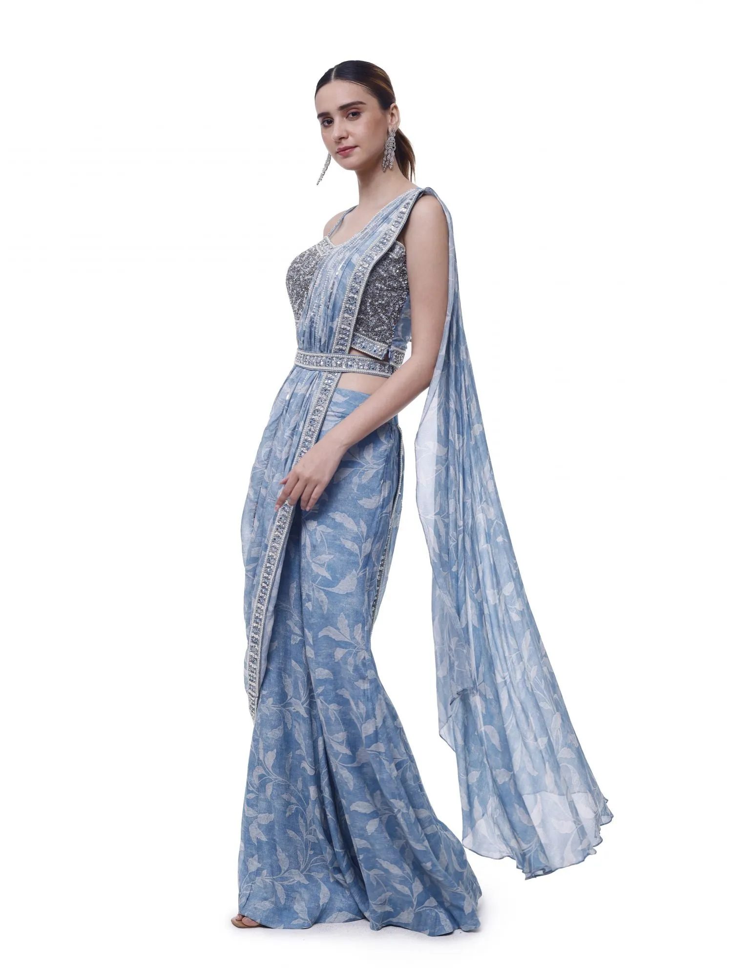 90Y012-RO Light Blue Floral Chiffon Sharara Drape Saree