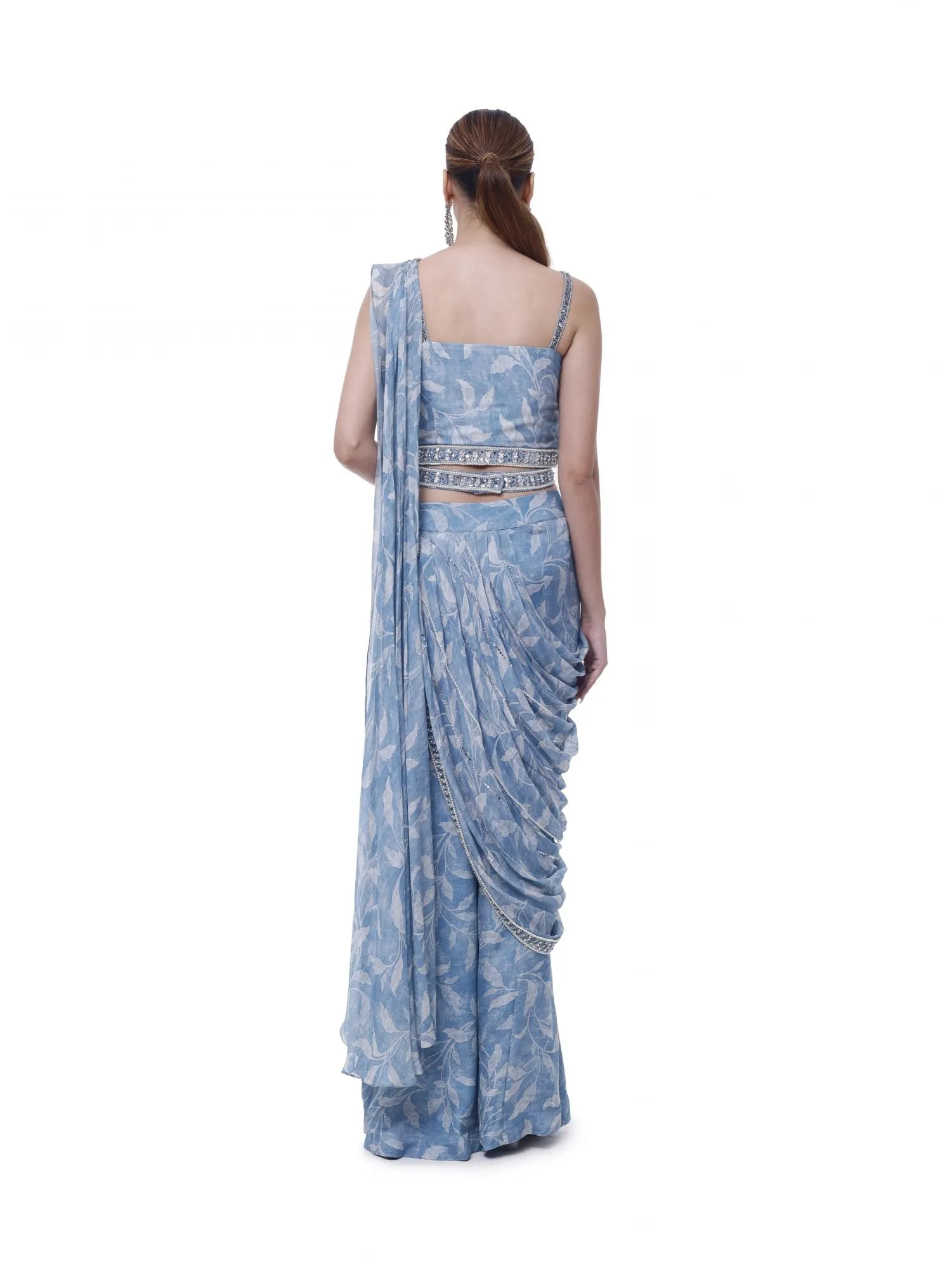 90Y012-RO Light Blue Floral Chiffon Sharara Drape Saree