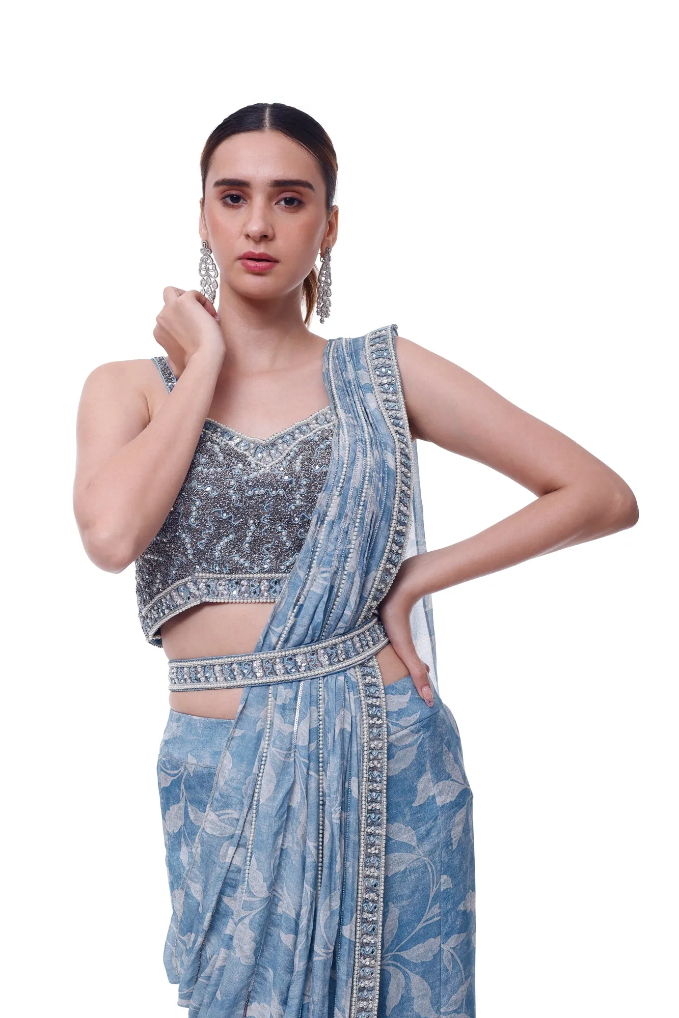 90Y012-RO Light Blue Floral Chiffon Sharara Drape Saree