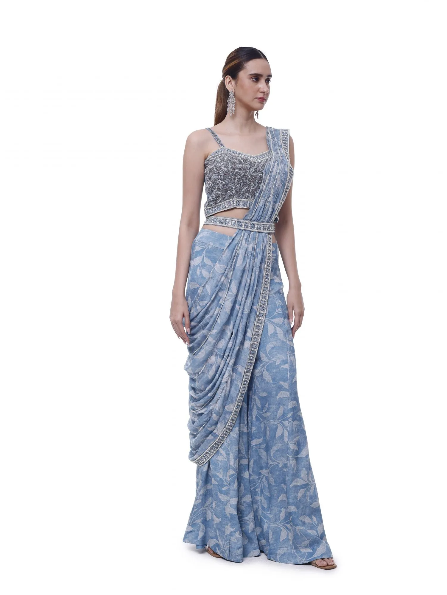 90Y012-RO Light Blue Floral Chiffon Sharara Drape Saree