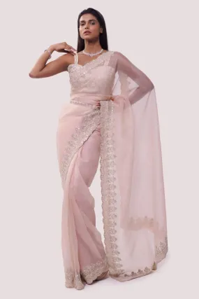 90Z834-RO  Peach Organza Embroidered Saree With Blouse