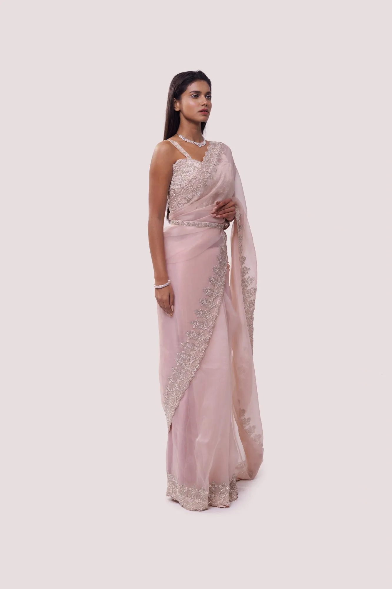 90Z834-RO  Peach Organza Embroidered Saree With Blouse