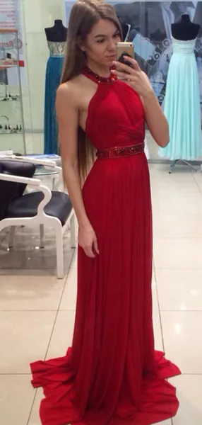 A Line Halter Red Chiffon Long Prom Dresses with Beading Cheap Evening Dresses