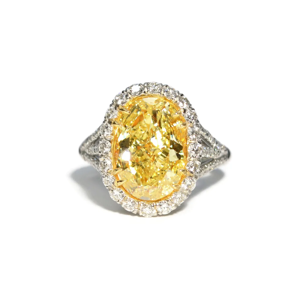 AFJ Diamond Collection - One of a Kind Cocktail Ring with Fancy Yellow Diamond 5.07 carats and White Diamonds, Platinum and 18k Yellow Gold