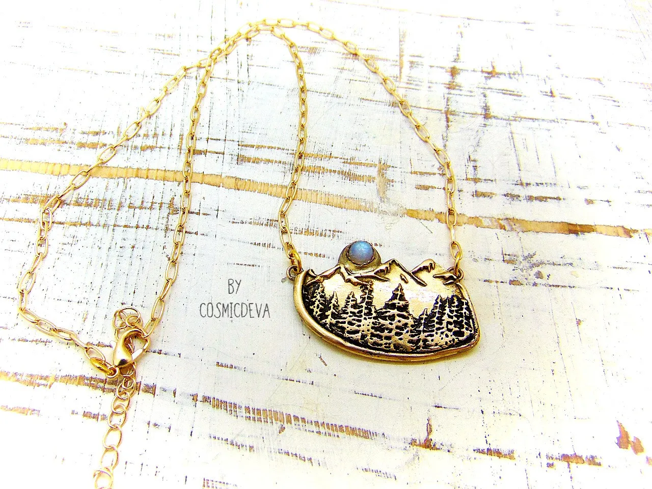 Alpine Forest Magic Mountains Moonstone Gold Bronze Necklace