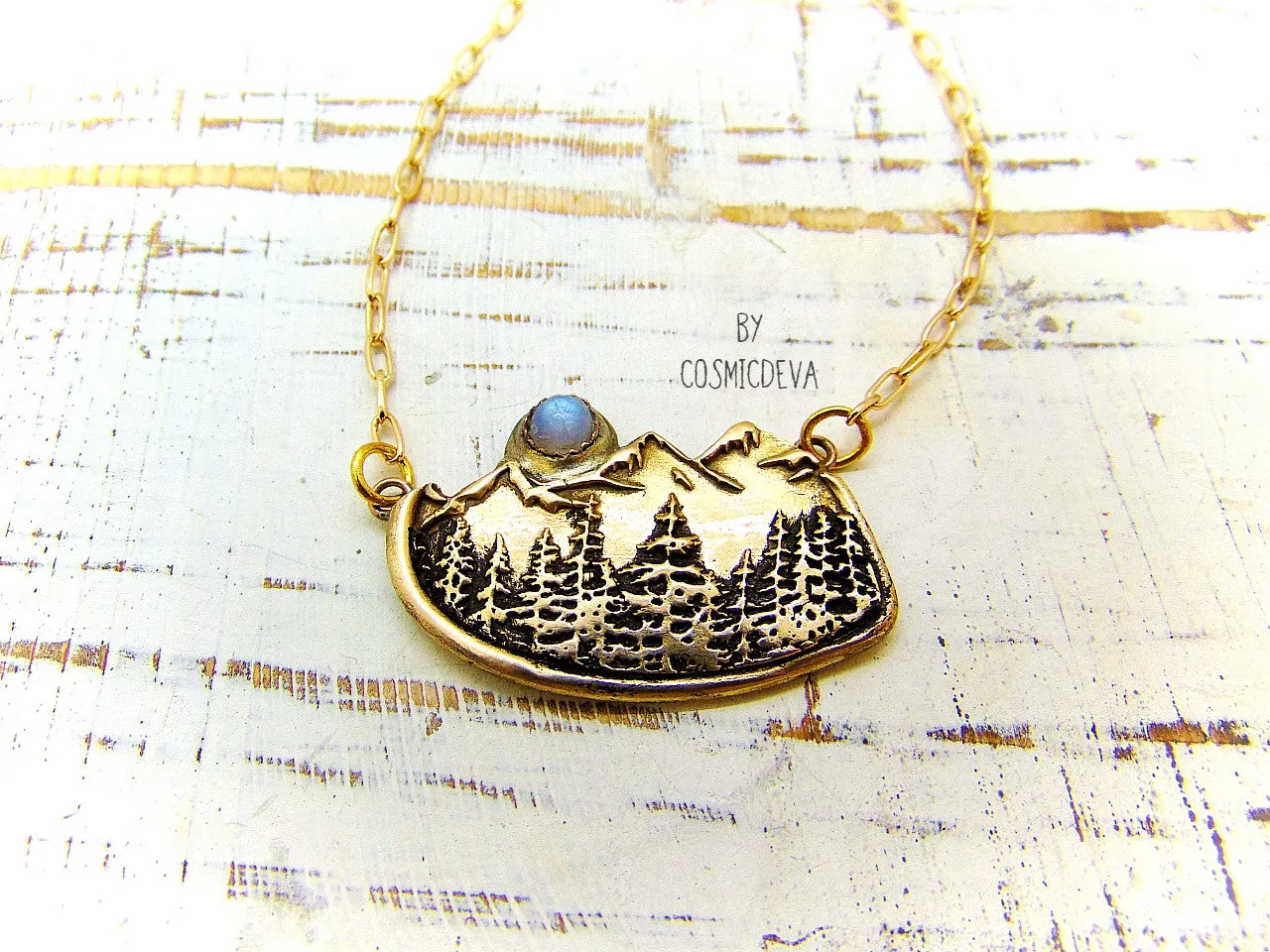 Alpine Forest Magic Mountains Moonstone Gold Bronze Necklace