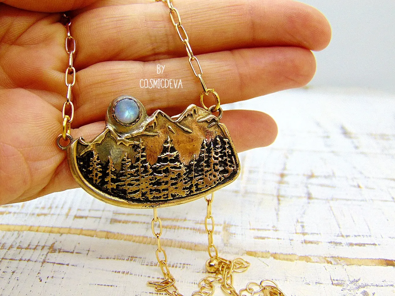 Alpine Forest Magic Mountains Moonstone Gold Bronze Necklace