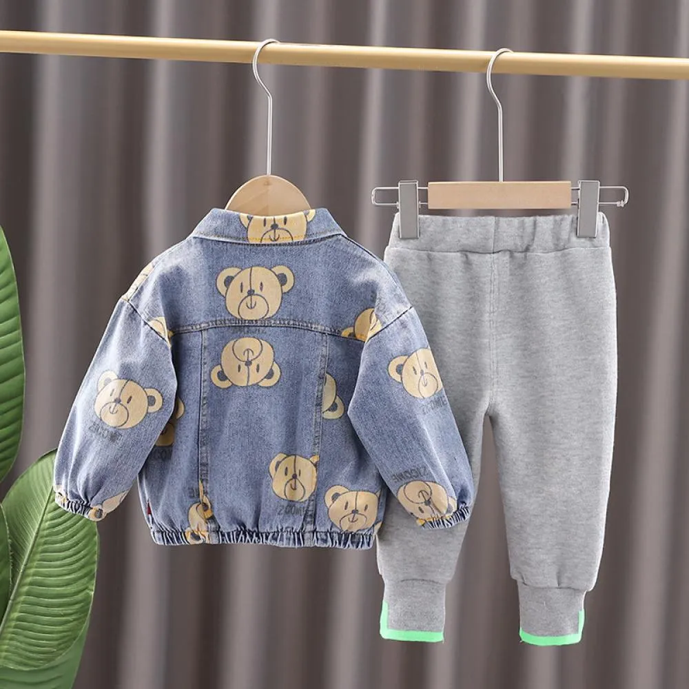 Baby Boys Bear Denim Jacket and Top and Pannts Set Boys Wholesale Clothing