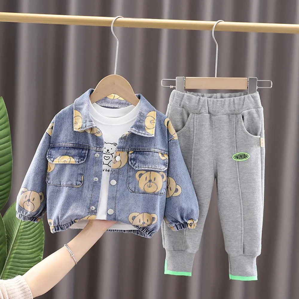 Baby Boys Bear Denim Jacket and Top and Pannts Set Boys Wholesale Clothing