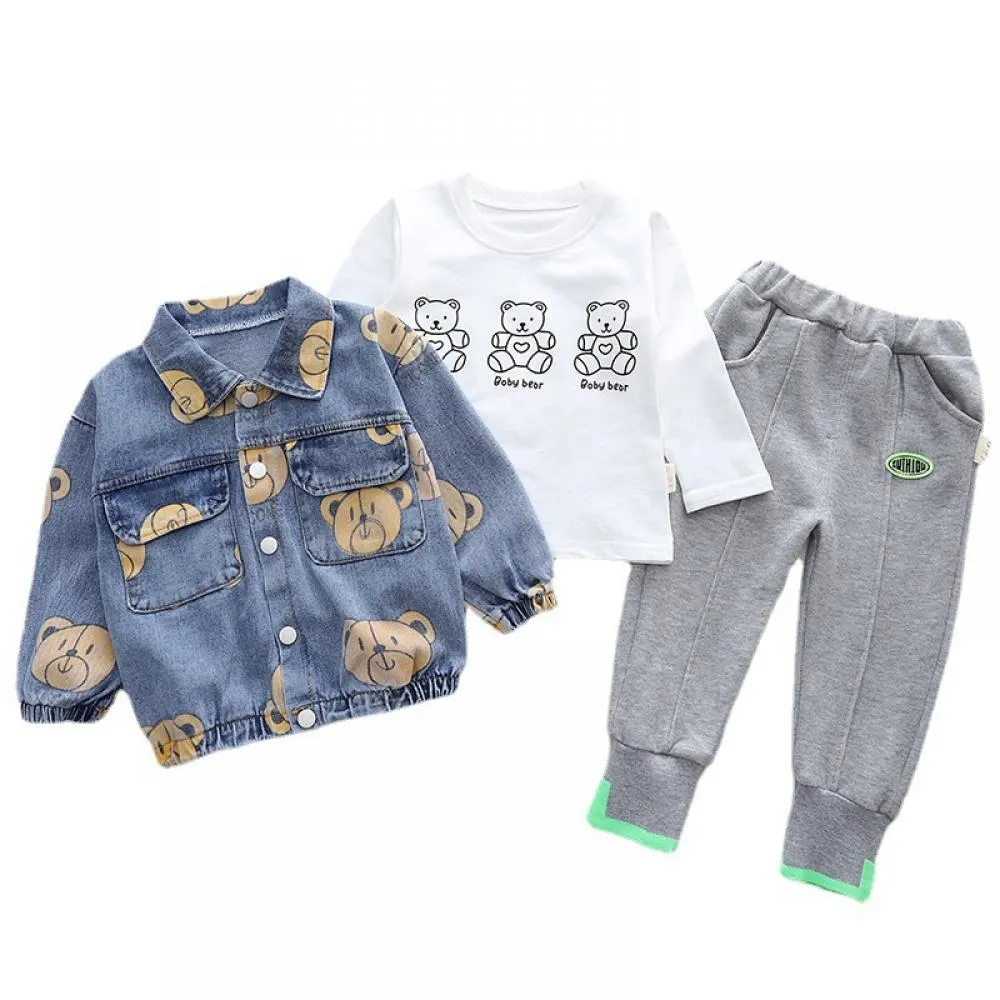 Baby Boys Bear Denim Jacket and Top and Pannts Set Boys Wholesale Clothing