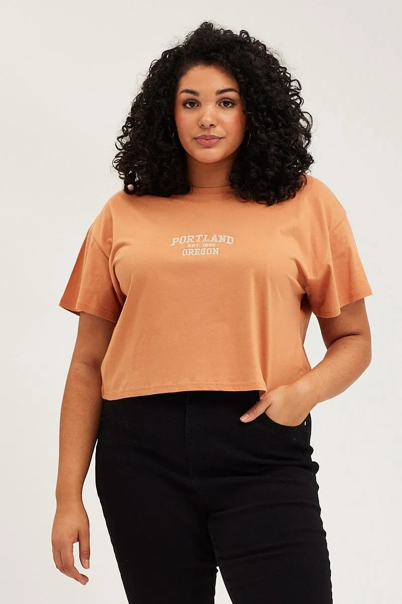 Beige Crop T-shirt Portland Embroidered Cotton Semi