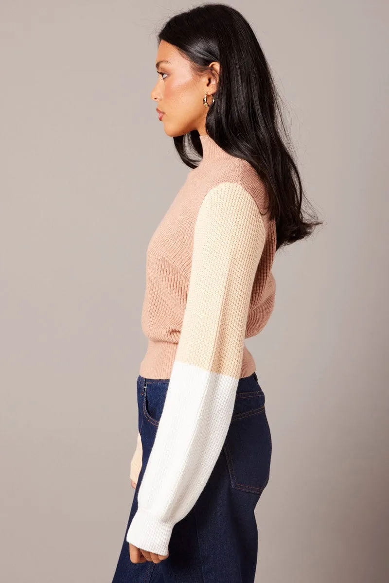 Beige Knit Top Long Sleeve Color Block