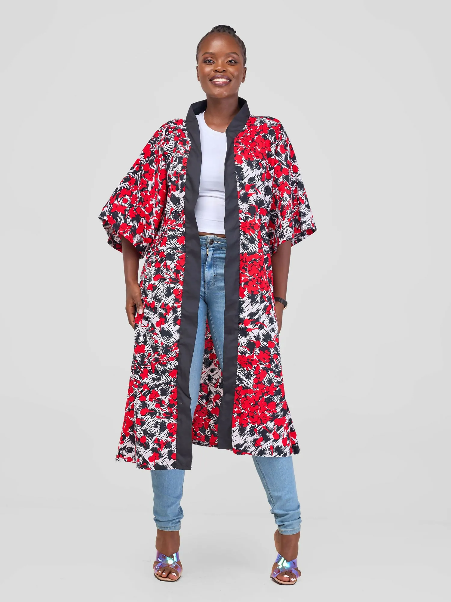 Bella Wangu Midi Kimono - Red / Black