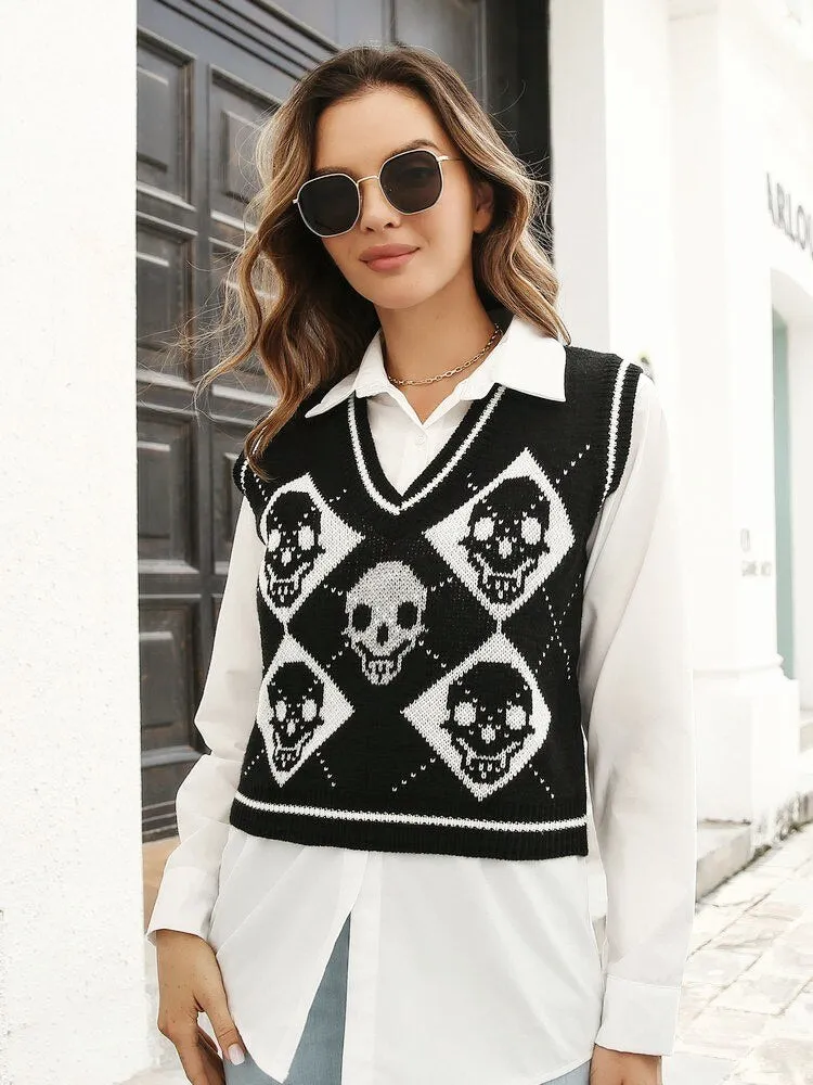 BerriesJam - 2024 Sleeveless Skulls V-neck Knit Vest Sweater