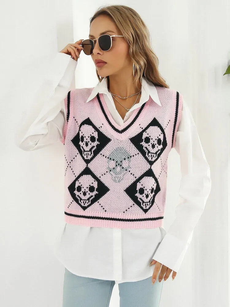 BerriesJam - 2024 Sleeveless Skulls V-neck Knit Vest Sweater