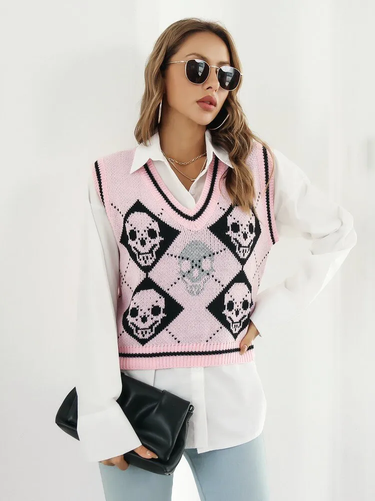 BerriesJam - 2024 Sleeveless Skulls V-neck Knit Vest Sweater